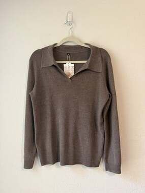 Arach&cloz Women’s Wool Blend Polo Sweater Size M Brown V Neck Fall Preppy Soft